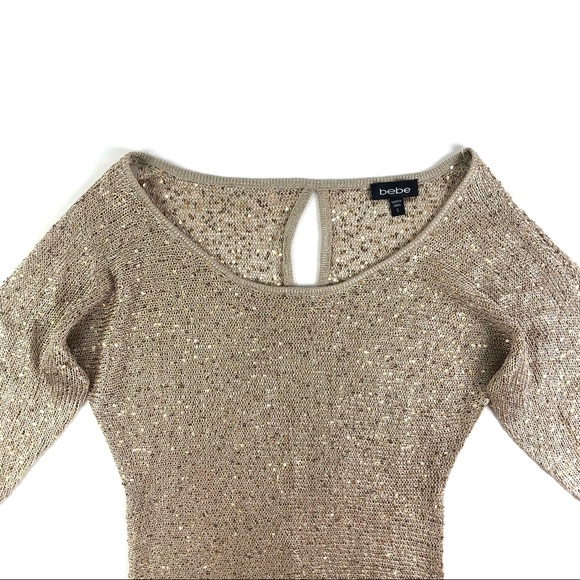 Bebe Shoulder Cutout Gold Sequin Sweater - Picture 4 of 9